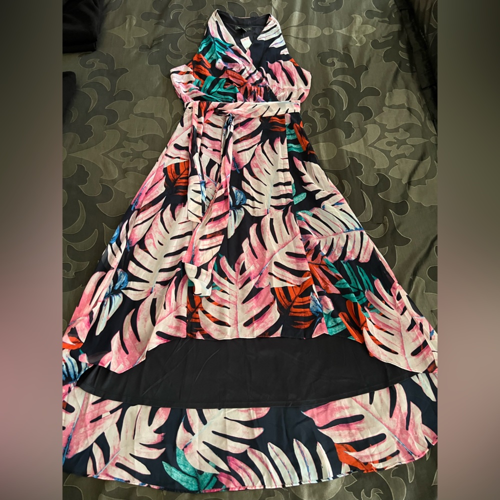 NWT Covington Tropical Leaf Print Hi-Lo Halter Surplice Maxi Dress Navy Pink 10